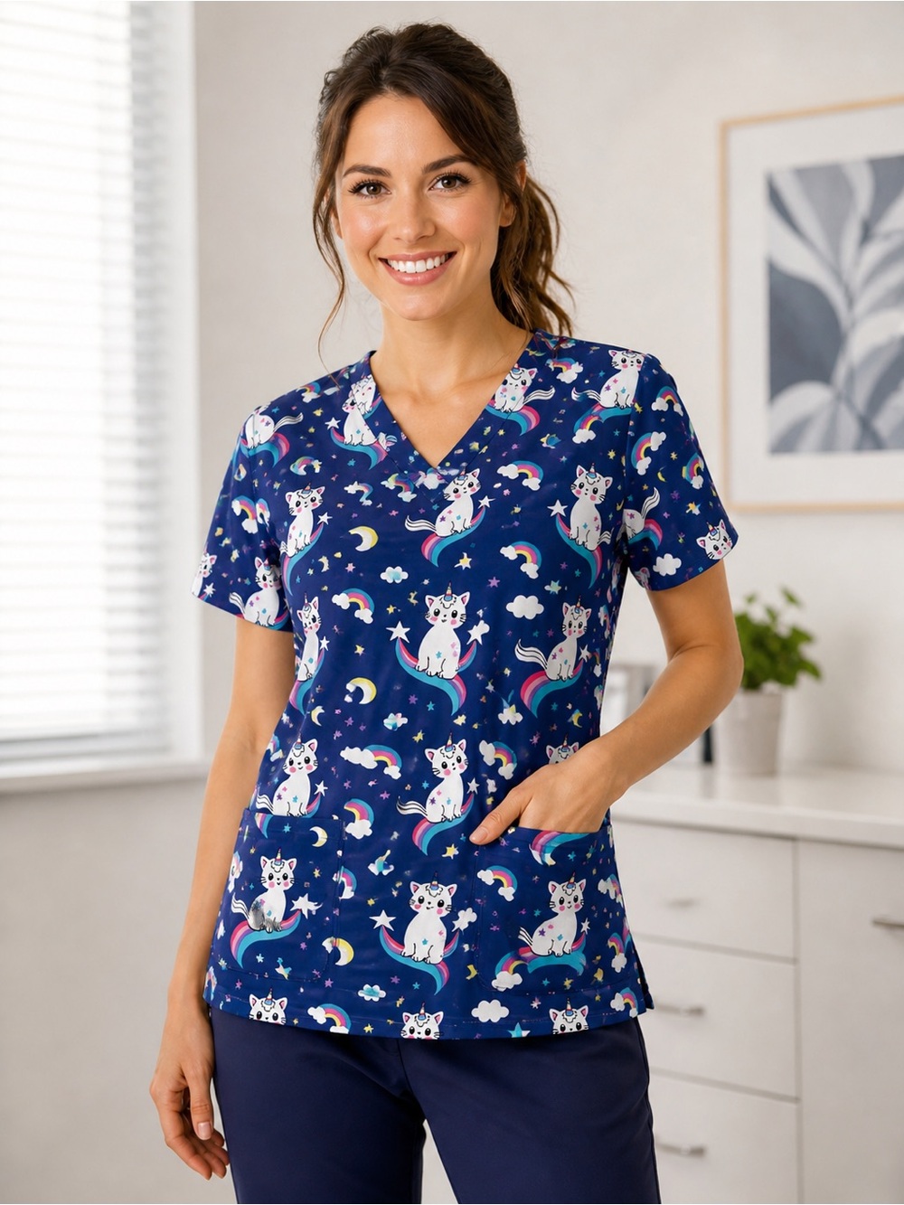 Divine Stretch XL Scrub Top Blue Unicorn Cat Rainbow Nurse Medical